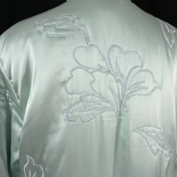 Vintage Natori Satin Floral Embroidered Full Length Winter Robe Lounge Blue M - Picture 11 of 14